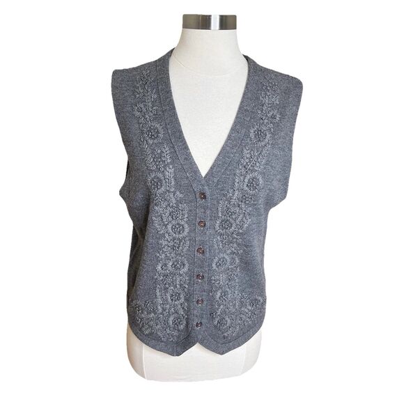Vintage Rafaella Sweater Vest Size Medium Gray Merino Wool Floral Embroidery - Picture 1 of 11